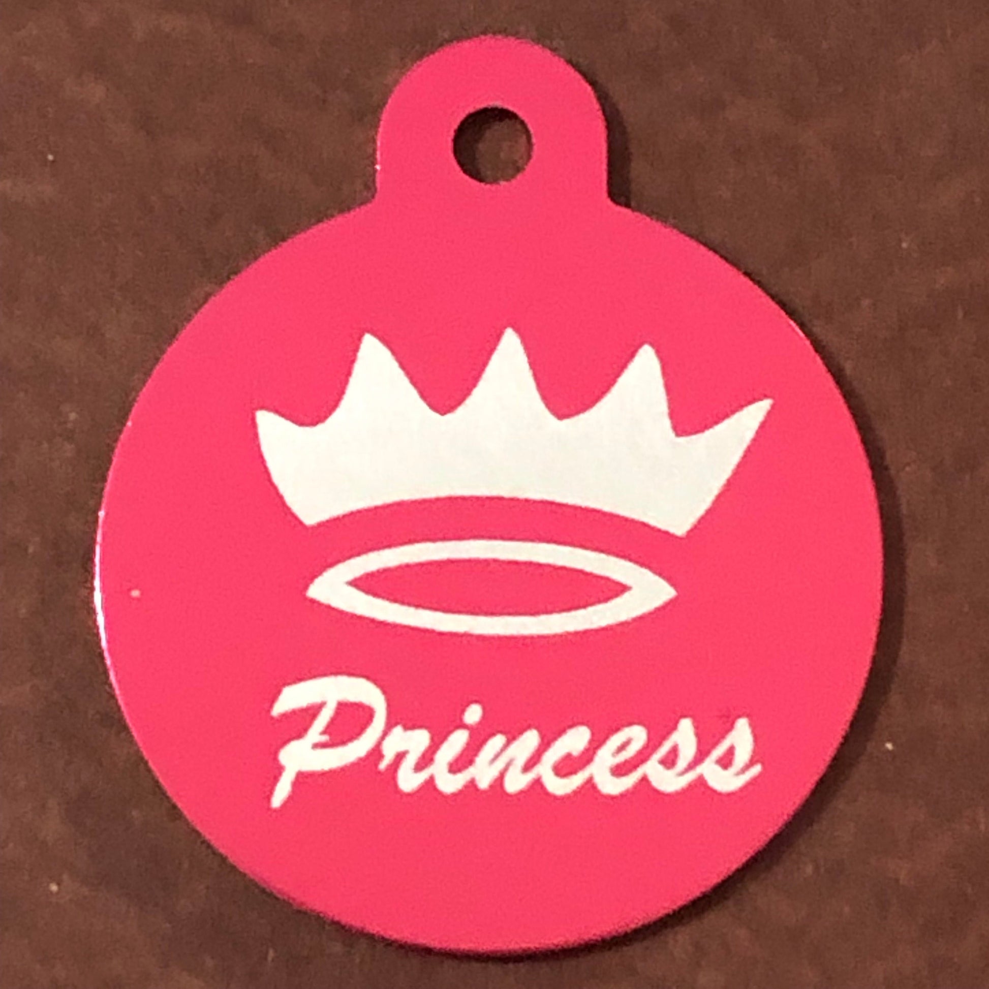 Princess Crown Large Pink Circle Personalized Aluminum Tag Diamond Engraved Dog Tag Cat Tag Small Animal Tag Human ID Tag Kitty Tag Puppy