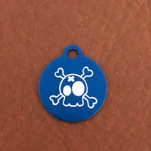 Load image into Gallery viewer, Cartoon Skull and Bones Crossbones Small Blue Circle Aluminum Tag Personalized Diamond Engraved Dog Tag Cat Tag ID Tag Pet tag Puppy Tag