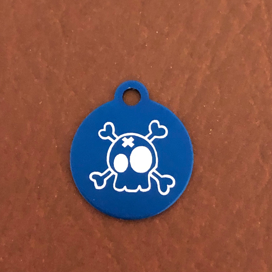 Cartoon Skull and Bones Crossbones Small Blue Circle Aluminum Tag Personalized Diamond Engraved Dog Tag Cat Tag ID Tag Pet tag Puppy Tag