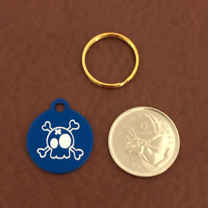 Cartoon Skull and Bones Crossbones Small Blue Circle Aluminum Tag Personalized Diamond Engraved Dog Tag Cat Tag ID Tag Pet tag Puppy Tag