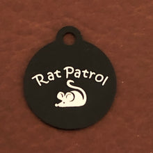 Load image into Gallery viewer, Rat Patrol, Small Black Circle Aluminum Tag, Diamond Engraved, Personalized Cat Tag, Kitten Tag, For Cat Collar RPSBKC