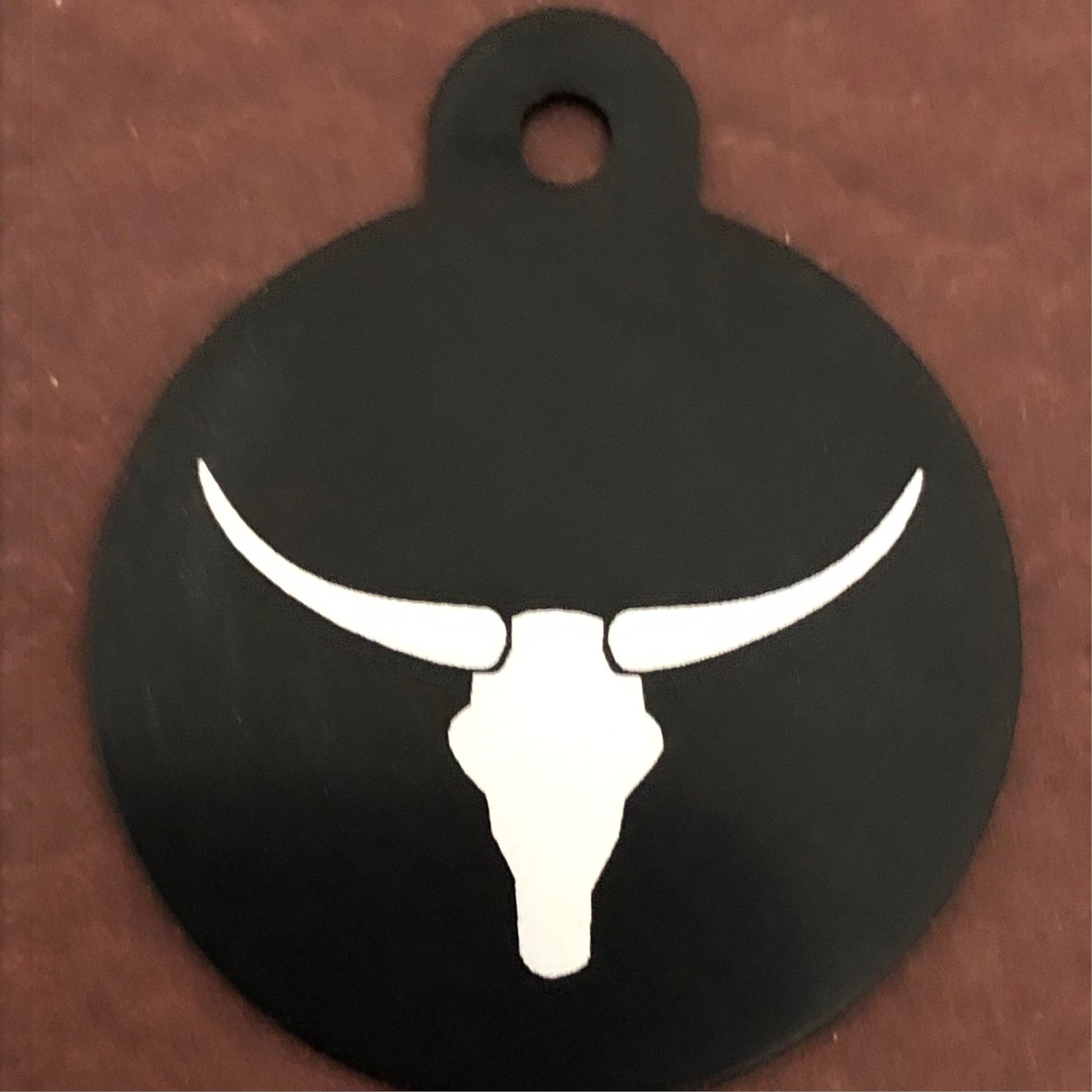 Longhorn, Yak, Large Circle Black Tag, Personalized Aluminum Tag, Diamond Engraved, Dog Tag Cat Tag Small Animal Tag Human ID Tag Kitty