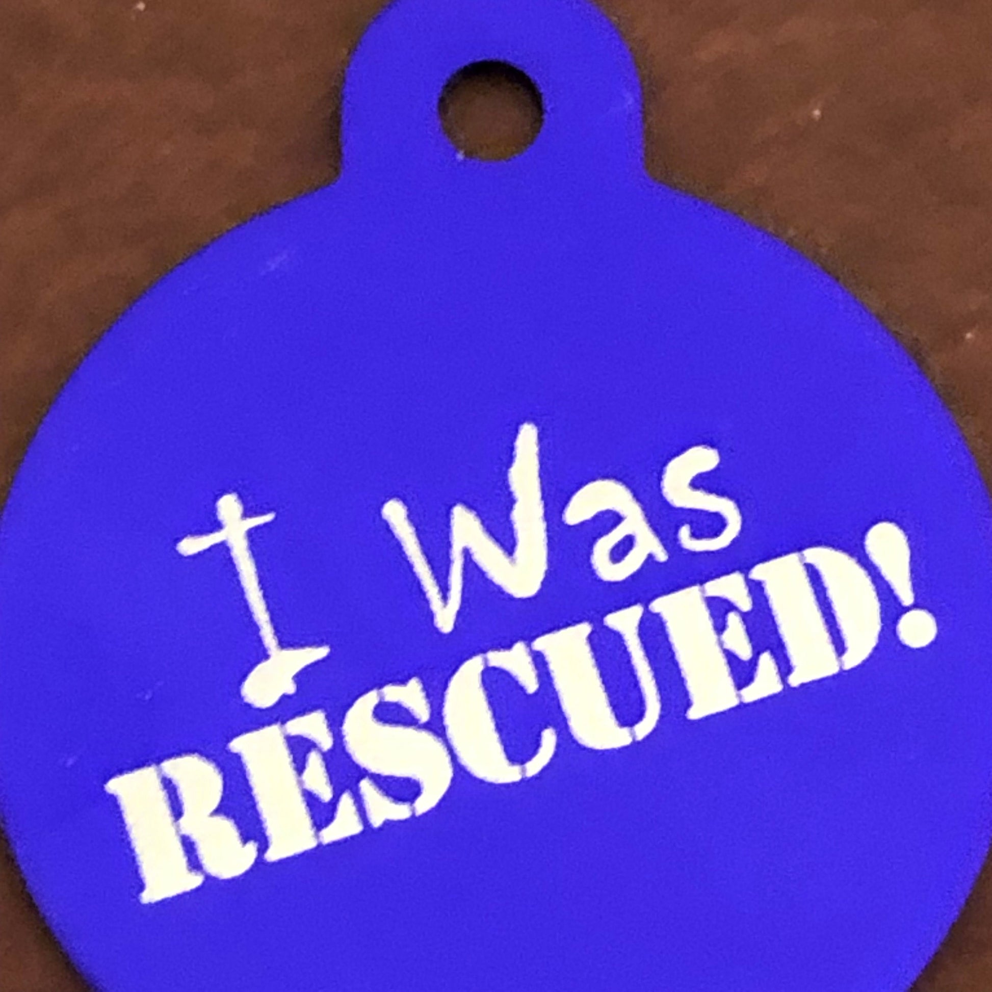 I Was Rescued! Large Circle Tag, Black or Purple Personalized Aluminum Tag, Diamond Engraved, Dog Tag, Cat Tag, Animal Tag, Kitty Tag, Puppy