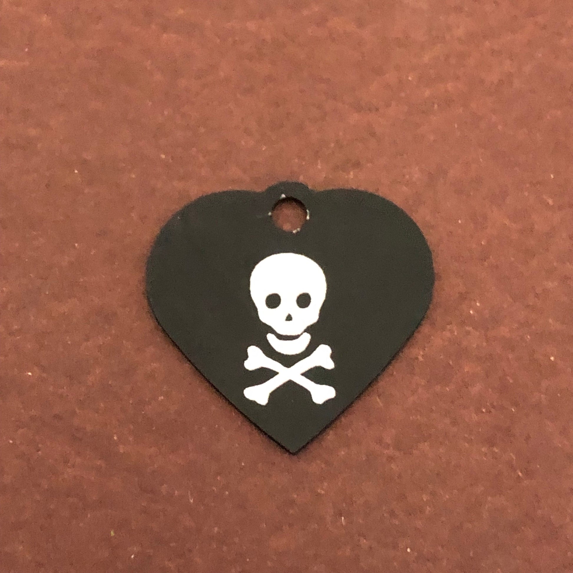 Pirate Skull and Bones Crossbones, Small Black Heart Aluminum Tag, Personalized Diamond Engraved, Dog Tag, Cat Tag, ID Tag, Pet Tag, SBSBKH