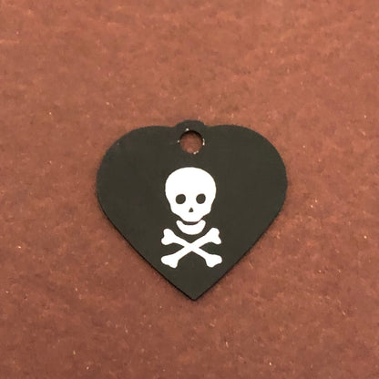 Pirate Skull and Bones Crossbones, Small Black Heart Aluminum Tag, Personalized Diamond Engraved, Dog Tag, Cat Tag, ID Tag, Pet Tag, SBSBKH