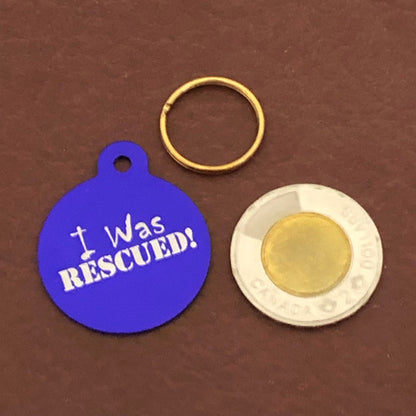 I Was Rescued! Large Circle Tag, Black or Purple Personalized Aluminum Tag, Diamond Engraved, Dog Tag, Cat Tag, Animal Tag, Kitty Tag, Puppy