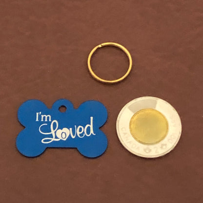 I'm Loved, Large Blue Bone Aluminum Tag, Personalized Diamond Engraved, Dog Tag, Puppy Tag, ID Tag, Tag for Dog Collar IMLLBUB