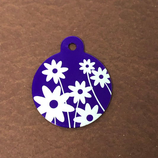 Daisy Floral Print, Large Purple Circle Diamond Engraved Personalized Aluminum Tag, Diamond Engraved Keychain Key Chain DFPLPUC