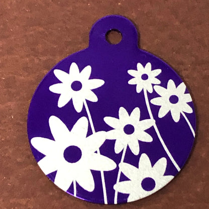 Daisy Floral Print, Large Purple Circle Diamond Engraved Personalized Aluminum Tag, Diamond Engraved Keychain Key Chain DFPLPUC