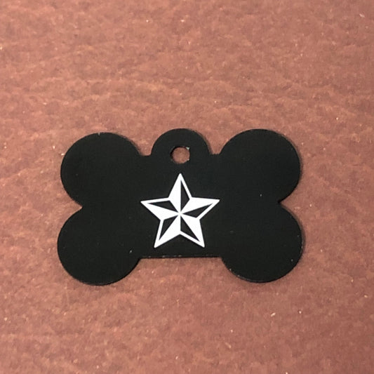 Nautical Star, Large Black Bone Tag, Personalized Aluminum Tag, Diamond Engraved, Dog Tag, Puppy For Dog Collar, Lost Dog ID, NSLBB