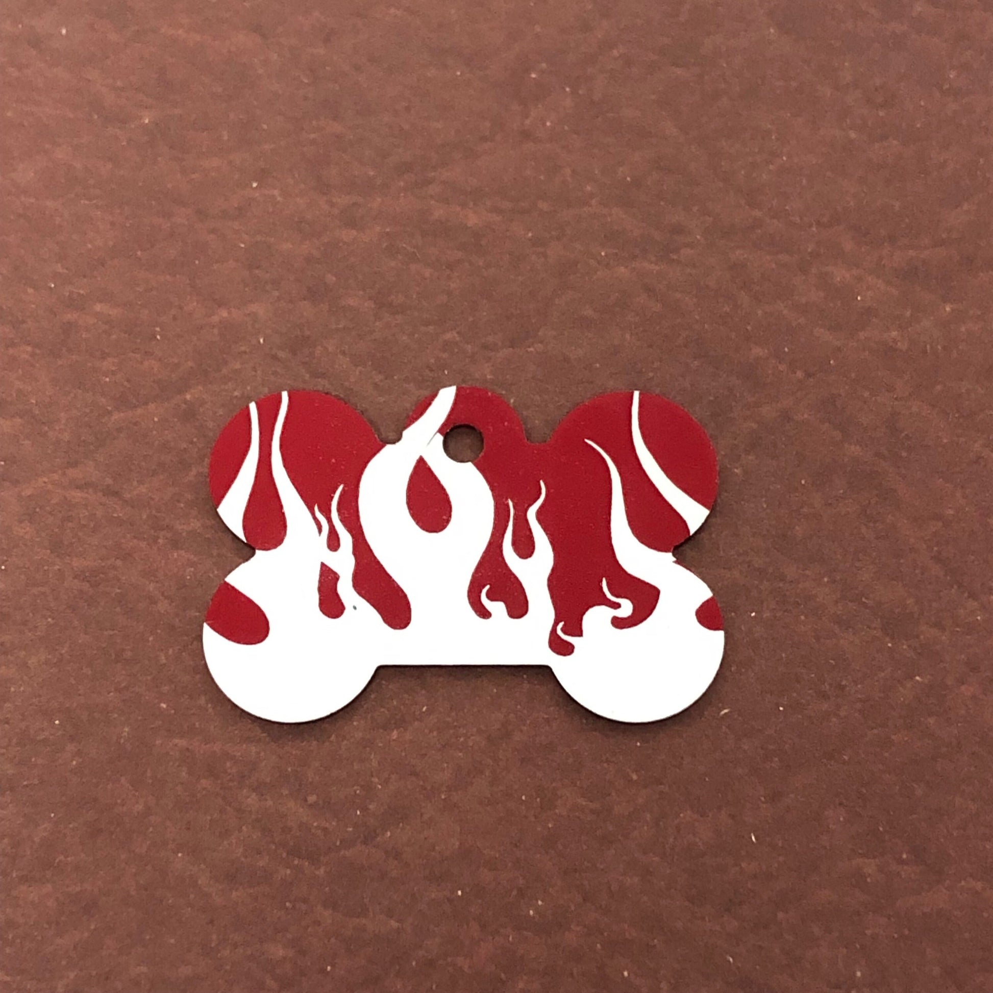 Punk Print Flames Design, Large Red Bone, Personalized Aluminum Tag, Diamond Engraved. Dog Tag. Puppy Tag, For Dog Collar PPFLRB