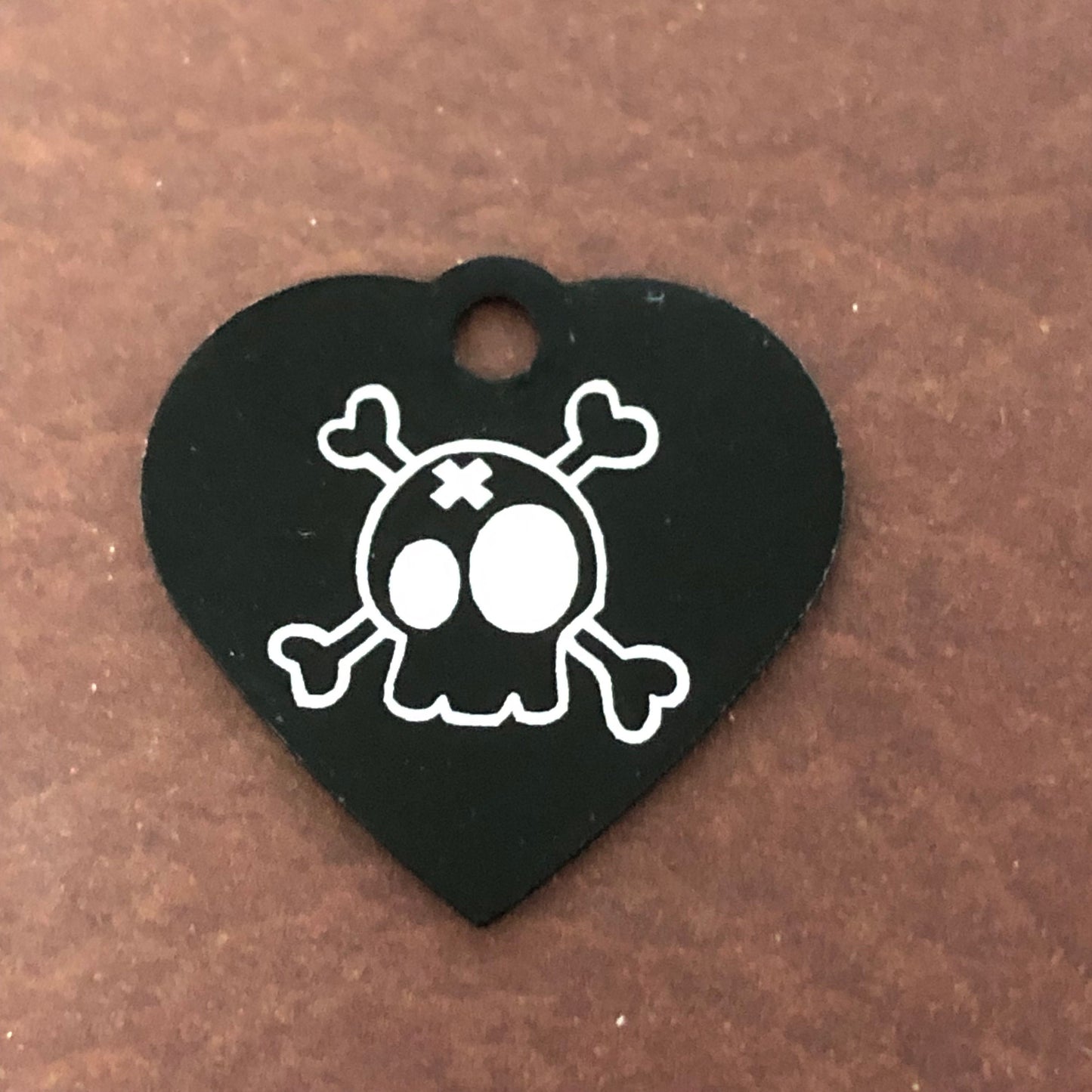 Cartoon Skull and Crossbones, Small Black Heart Aluminum Tag, Personalized Diamond Engraved, Dog Tag, Cat Tag, ID Tag, Pet Tag, SBKCSCBH