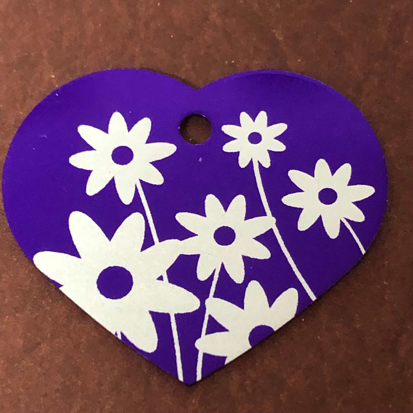 Daisy Floral Print Large Purple Heart Personalized Aluminum Tag, Diamond Engraved, Key Chain, Keychain, For Lost Keys DFPLPUH