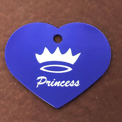 Princess Crown, Large Purple Heart, Aluminum Tag, Diamond Engraved, Personalized Dog Tag Cat Tag For Dog Collars For Cat Collars, Backpacks