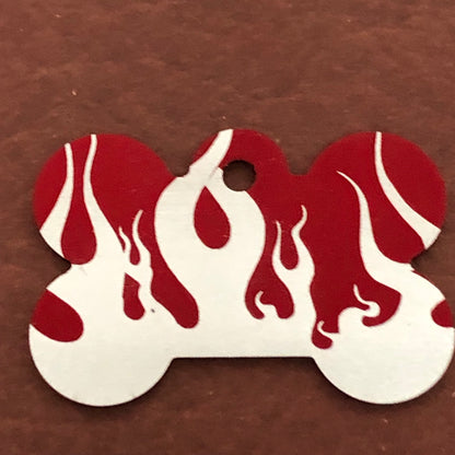 Punk Print Flames Design, Large Red Bone, Personalized Aluminum Tag, Diamond Engraved. Dog Tag. Puppy Tag, For Dog Collar PPFLRB