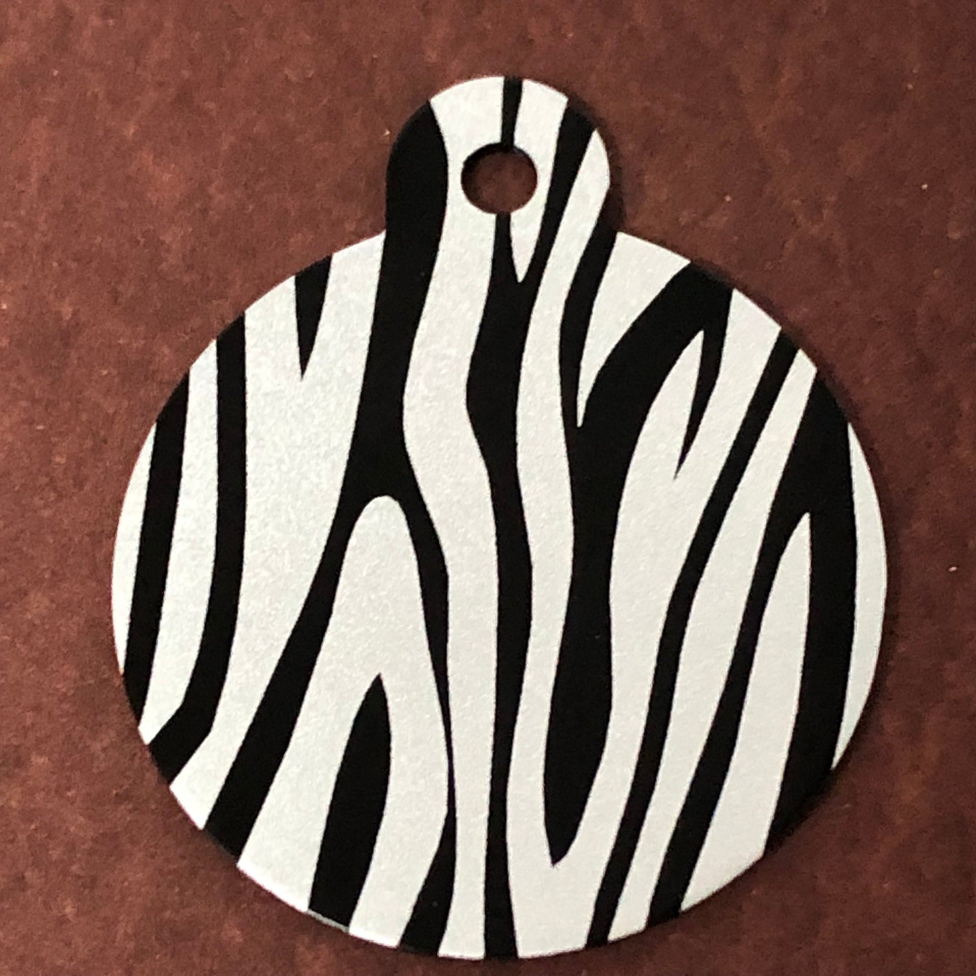 Zebra, Zebra Print, Large Black Circle Personalized Aluminum Tag Diamond Engraved Personal ID Tag Key Chain Keychains ZEBLBKCT