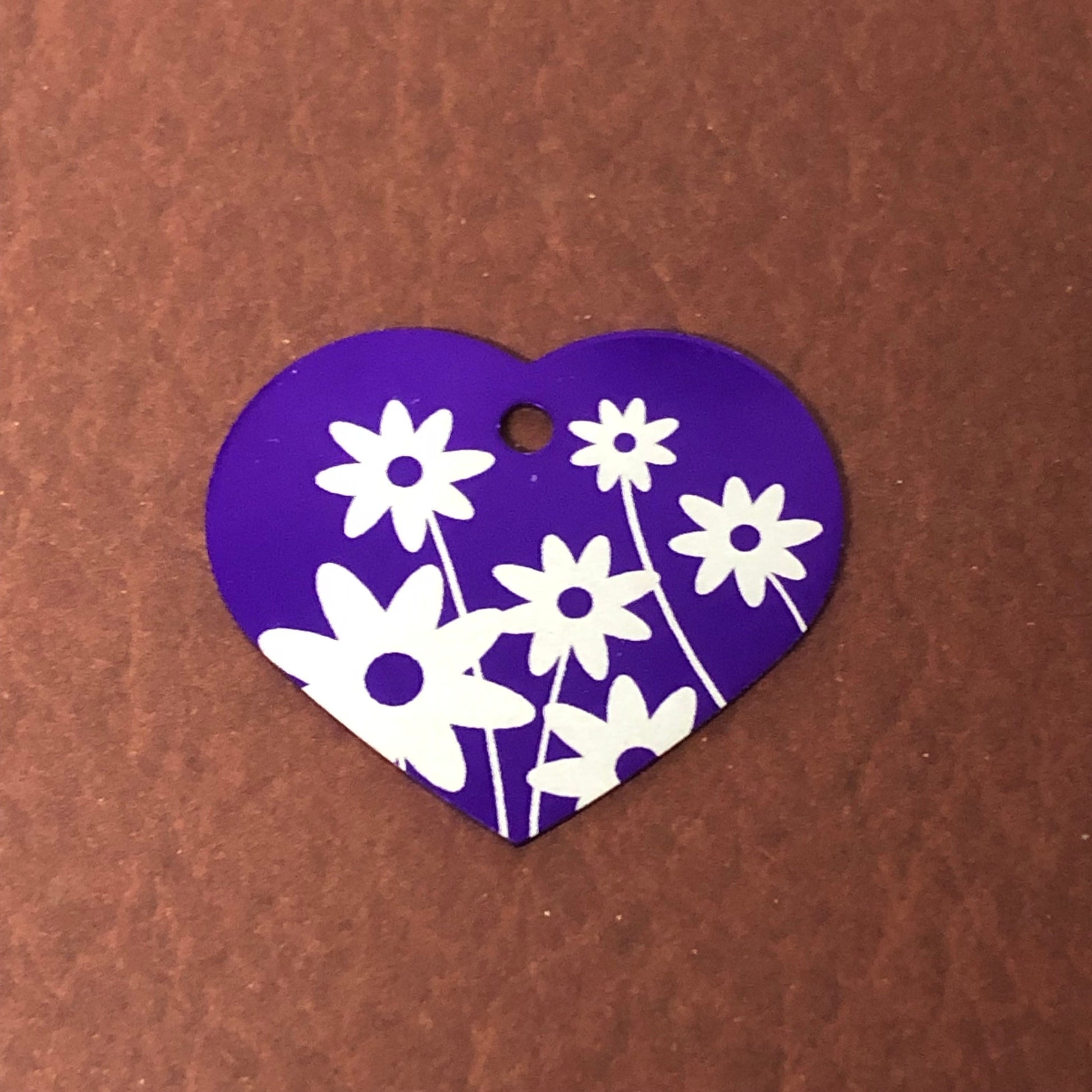 Daisy Floral Print Large Purple Heart Personalized Aluminum Tag, Diamond Engraved, Key Chain, Keychain, For Lost Keys DFPLPUH