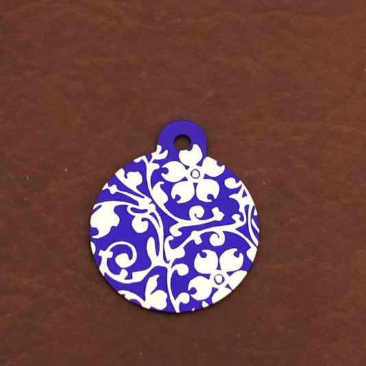 Ornate Floral Print, Large Purple Circle Personalized Aluminum Tag Diamond Engraved For Dog Tag, For Cat Tag, For Cat and Dog Collar ID Tag