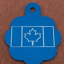 Load image into Gallery viewer, Canadian Flag, Large Blue Rosette Tag, Personalized Aluminum Tag, Diamond Engraved, Dog Cat Tag ID Tag Kitty Tag Puppy Tag CA2ALBRT
