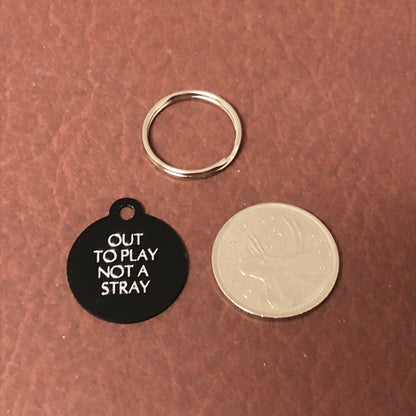 Out To Play Not A Stray, Small Circle Aluminum Tag