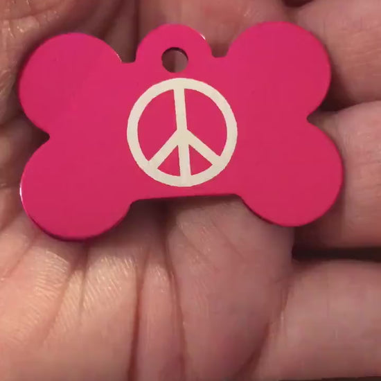 Peace Sign, Large Pink Bone, Personalized Aluminum Tag, Diamond Engraved, Dog Tag, Cat Tag, Small Animal Tag, Human ID Tag, Kitty Tag, Puppy