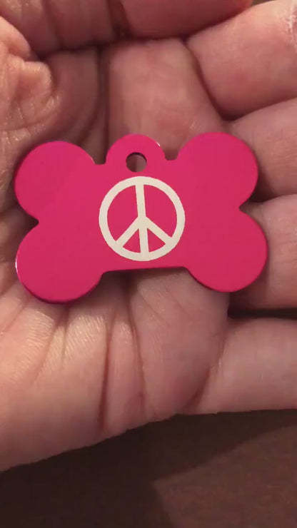 Peace Sign, Large Pink Bone, Personalized Aluminum Tag, Diamond Engraved, Dog Tag, Cat Tag, Small Animal Tag, Human ID Tag, Kitty Tag, Puppy