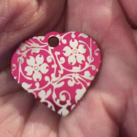 Ornate Floral Print, Small Pink Heart, Aluminum Tag Personalized, Diamond Engraved, Pet Tag, Cat Tag, Dog Tag, For Bags, For Collars, OFPSPH