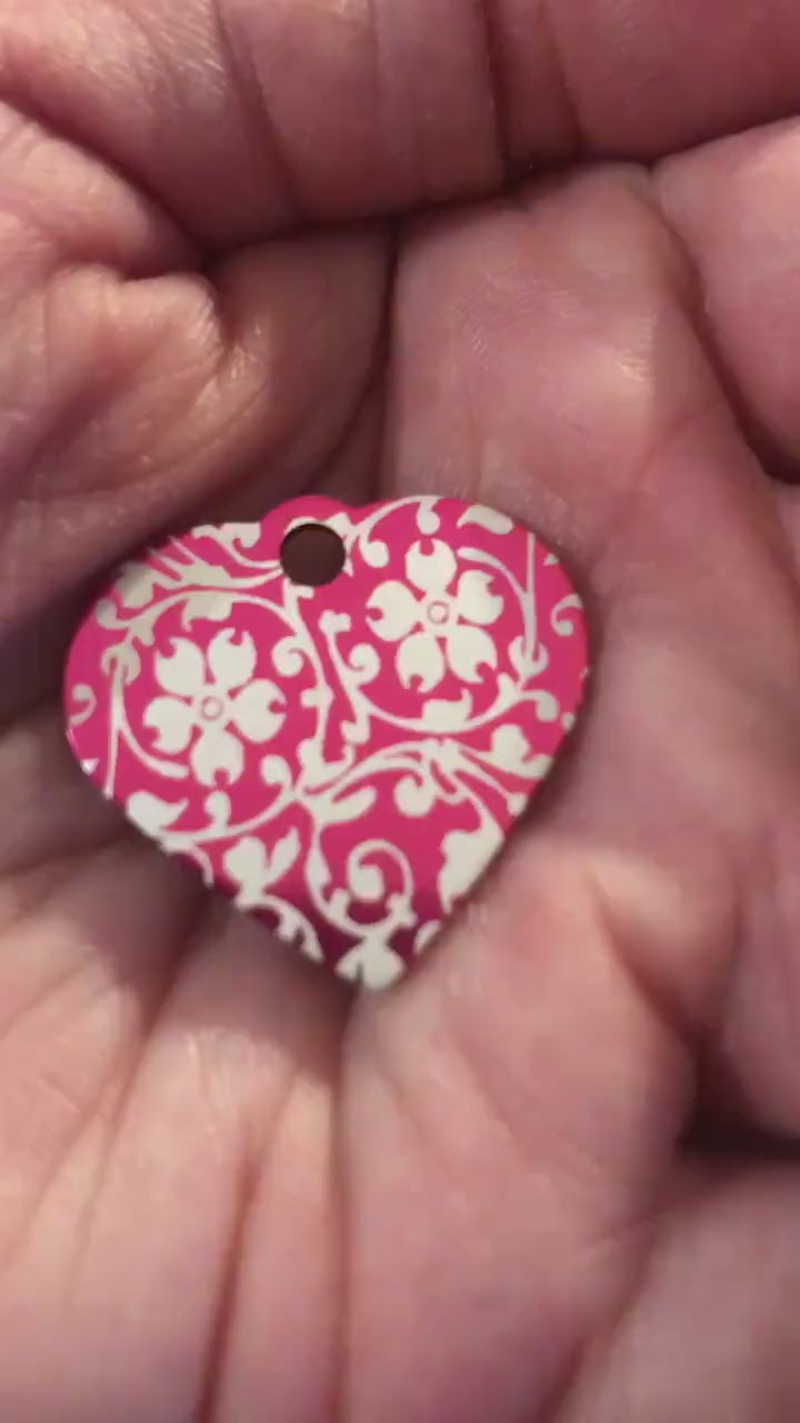 Ornate Floral Print, Small Pink Heart, Aluminum Tag Personalized, Diamond Engraved, Pet Tag, Cat Tag, Dog Tag, For Bags, For Collars, OFPSPH