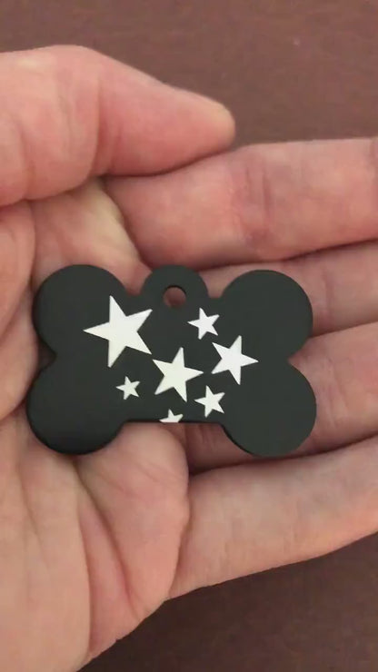 Stars, Large Black Bone Tag, Personalized Aluminum Tag, Diamond Engraved, Dog Tag, Puppy Tag, For Dog Collar, Lost Dog ID, STARSLBB