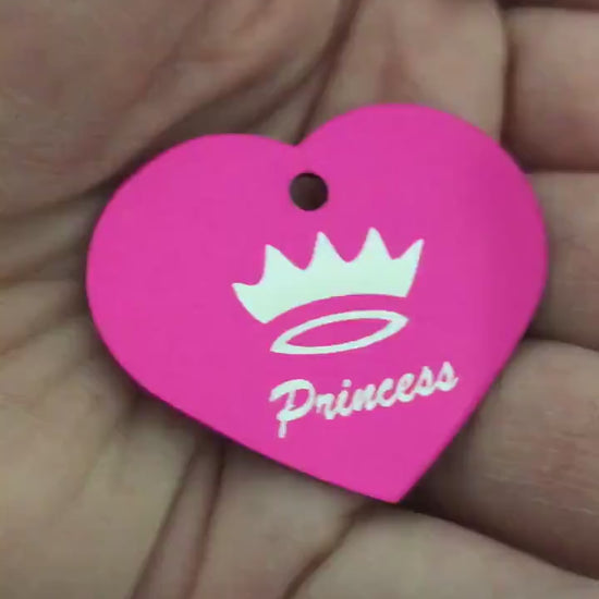 Princess Crown, Large Pink Heart, Aluminum Tag, Diamond Engraved, Personalized Dog Tag Cat Tag For Dog Collars For Cat Collars For Backpacks