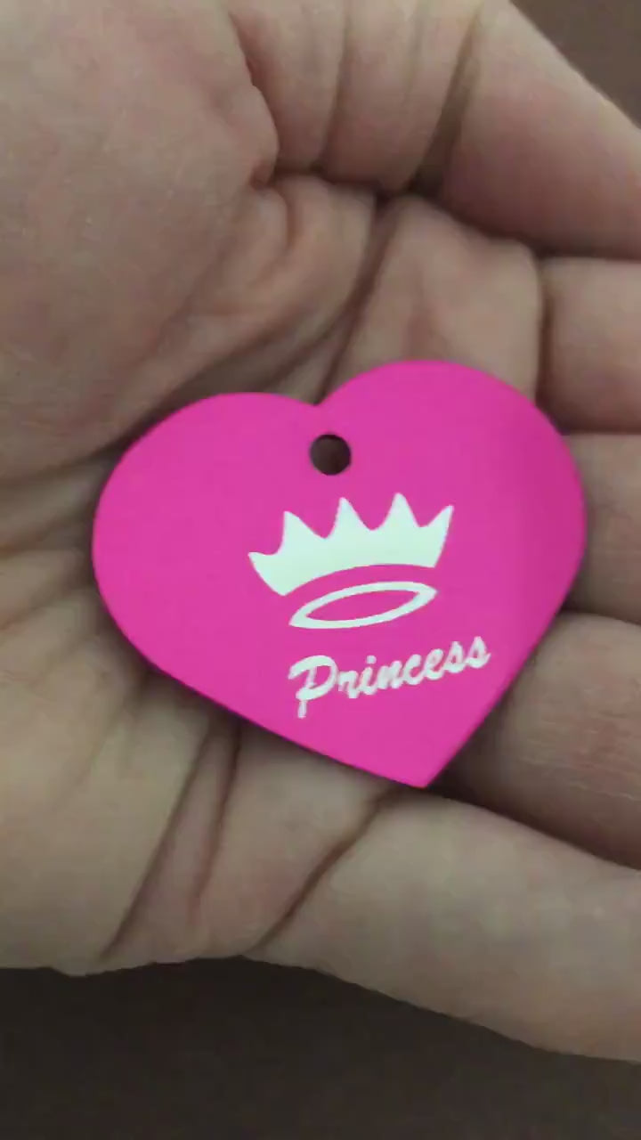 Princess Crown, Large Pink Heart, Aluminum Tag, Diamond Engraved, Personalized Dog Tag Cat Tag For Dog Collars For Cat Collars For Backpacks