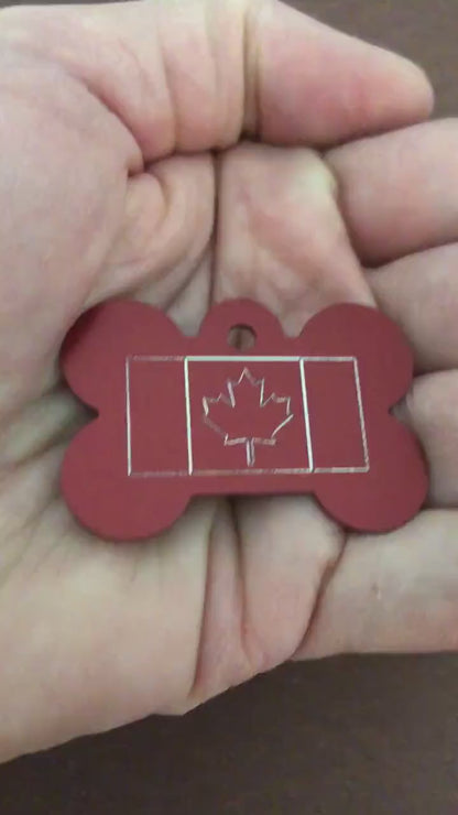 Canadian Flag, Large Bone Tag, Aluminum Personalized Diamond Engraved, Dog Tag, Pet Tag, ID Tags, For Dog Collar, Puppy Tag, CFCALB