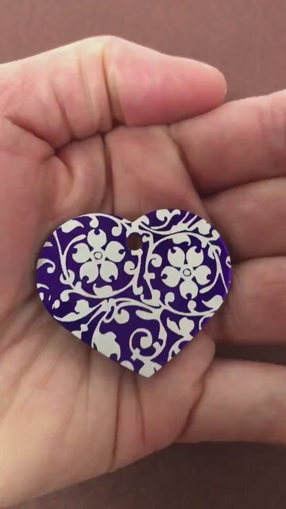 Ornate Floral Print Large Purple Heart Aluminum Tag Diamond Engraved Personalized Dog Tag Cat Tag For Dog Collars For Cat Collar