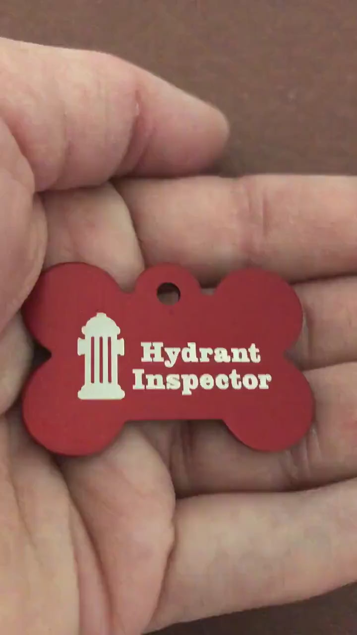 Hydrant Inspector Fire Hydrant Inspector, Large Red Bone Personalized Aluminum Tag, Diamond Engraved, Dog Tag, Puppy Tag, Tag for Dog Collar