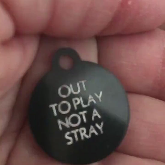 Out To Play Not A Stray, Small Circle Aluminum Tag, Personalized Diamond Engraved, Cat ID Tags, For Cat Collar, Pet id Tag, OTPSRC2