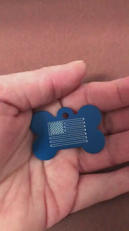 American Flag, Large Bone Tag, Aluminum Personalized Diamond Engraved, Dog Tag, Pet Tag, ID Tags, For Dog Collar, Puppy Tag, AFCALB