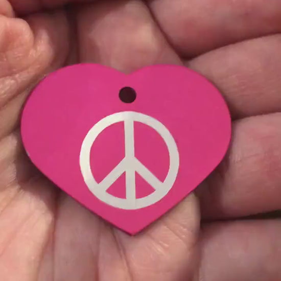 Peace Sign, Large Pink Heart, Aluminum Tag, Diamond Engraved, Personalized Dog Tag, Cat Tag For Dog Collars Cat Collars For Backpacks PSLPH2