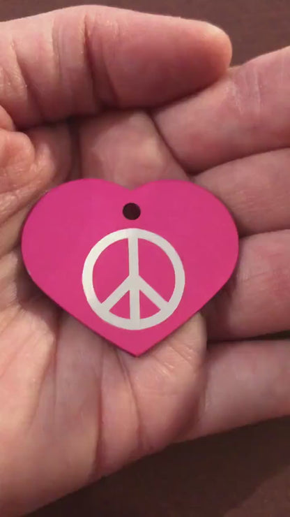 Peace Sign, Large Pink Heart, Aluminum Tag, Diamond Engraved, Personalized Dog Tag, Cat Tag For Dog Collars Cat Collars For Backpacks PSLPH2