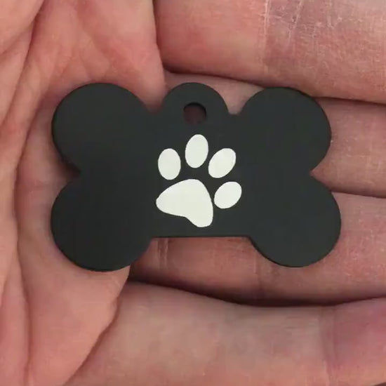 Paw Print, Large Black Bone Tag, Personalized Aluminum Tag, Diamond Engraved, Dog Tag, Puppy Tag, For Dog Collar, Lost Dog ID, PPBLBB