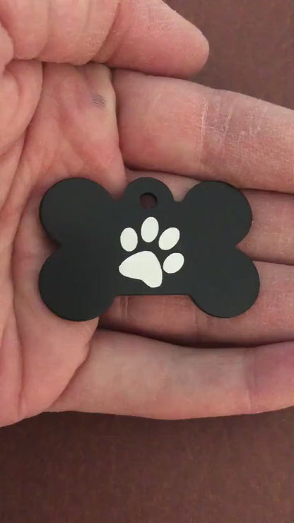 Paw Print, Large Black Bone Tag, Personalized Aluminum Tag, Diamond Engraved, Dog Tag, Puppy Tag, For Dog Collar, Lost Dog ID, PPBLBB