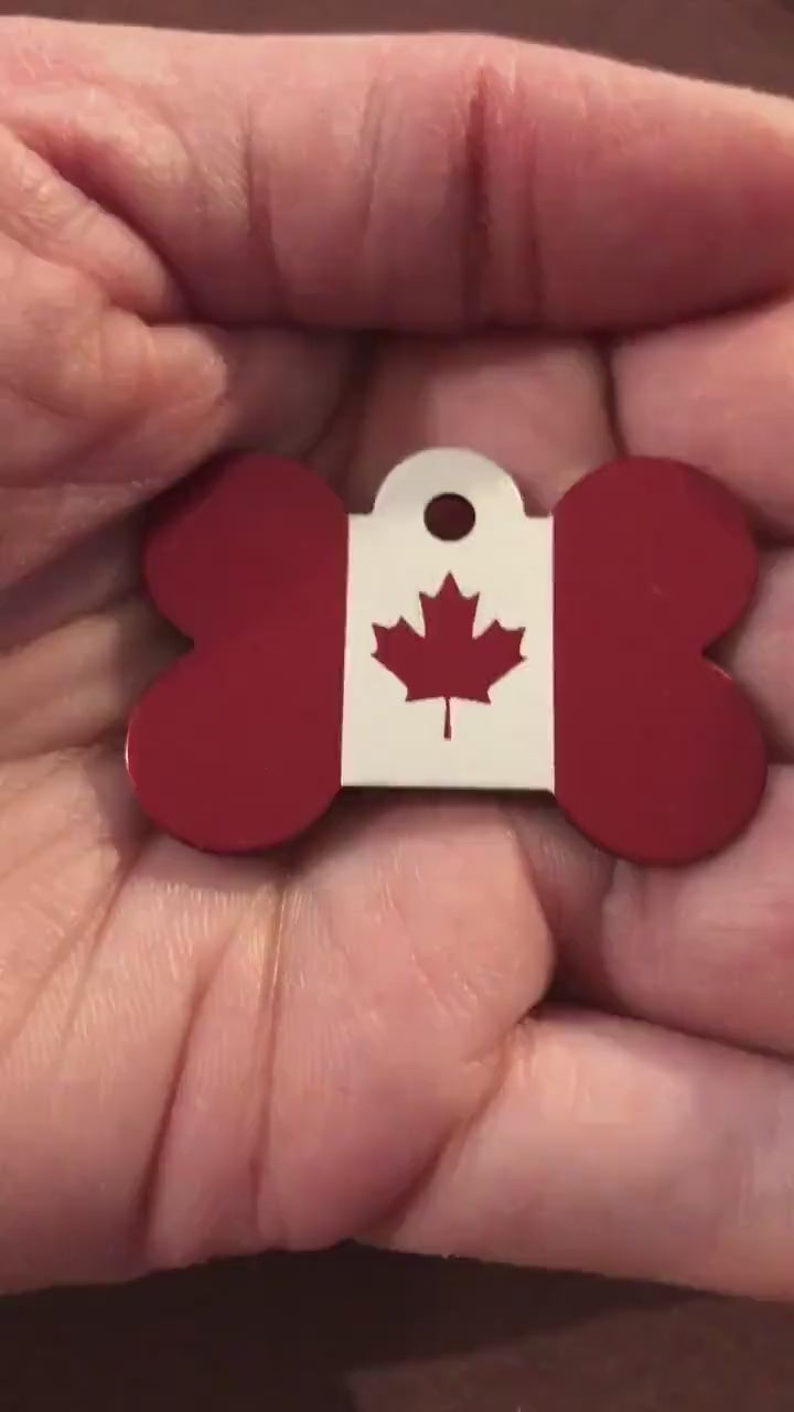 Maple Leaf Canadian Flag, Large Red Bone Dog Tag, Personalized Aluminum Tag, Diamond Engraved, Dog Tag, Puppy Tag, For Dog Collar, MLCFLRB