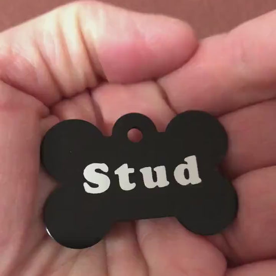 Stud, Large Black Bone Dog Tag, Personalized Aluminum Tag, Diamond Engraved, Dog Tag, Cat Tag, Puppy Tag, For Dog Collar, STUDLBB