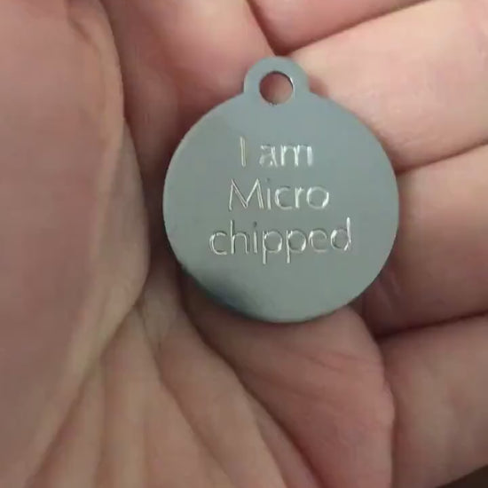 I am Microchipped Small Circle Aluminum Tag Personalized Diamond Engraved Pet Tag  Cat Tag Dog Tag For collars, Puppies, Kittens