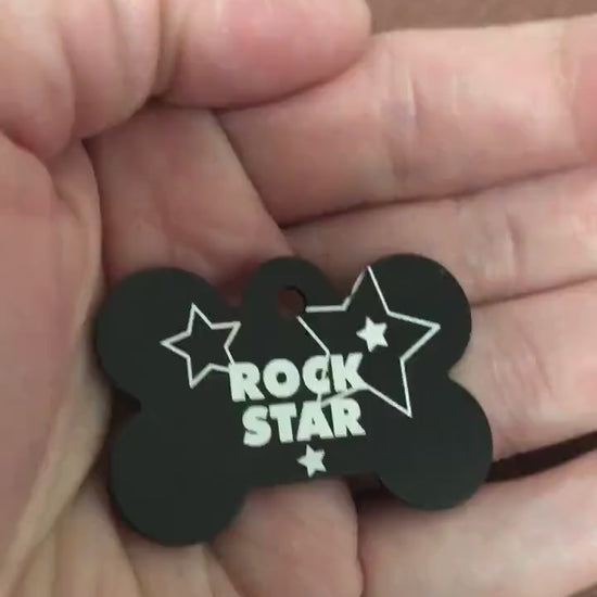 Rock Star, Large Black Bone Tag,  Personalized Aluminum Tag, Diamond Engraved, Dog Tag, Puppy For Dog Collar, Lost Dog ID, For Puppy Collar