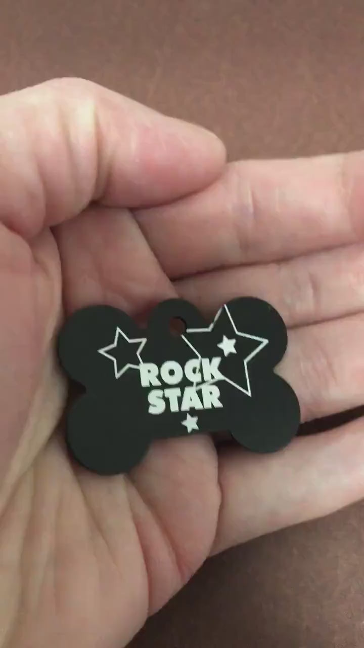 Rock Star, Large Black Bone Tag,  Personalized Aluminum Tag, Diamond Engraved, Dog Tag, Puppy For Dog Collar, Lost Dog ID, For Puppy Collar