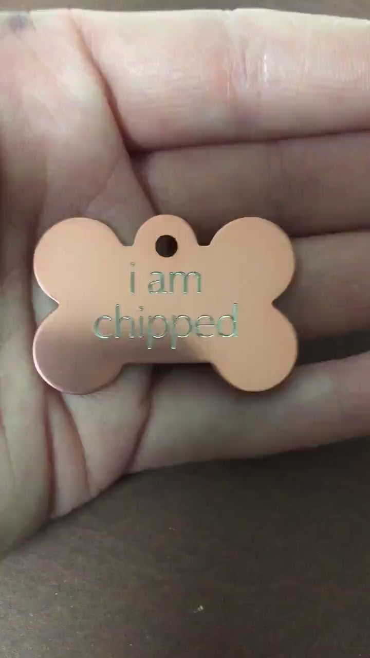 i am chipped, Large Bone Aluminum Tag, Personalized Diamond Engraved, Dog Tag Cat Tag ID Tags For Dog Collars, IACLB