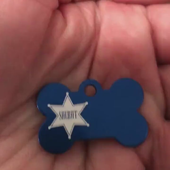 Sheriff Tag, Sheriff, Small Blue Bone, Personalized Aluminum Tag, Diamond Engraved Dog Tag ID Tags, For Dog Collars For Puppy Collar SBSBB