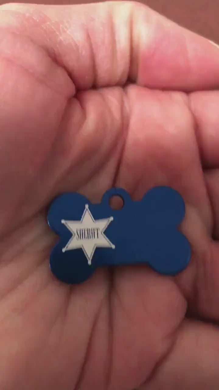 Sheriff Tag, Sheriff, Small Blue Bone, Personalized Aluminum Tag, Diamond Engraved Dog Tag ID Tags, For Dog Collars For Puppy Collar SBSBB