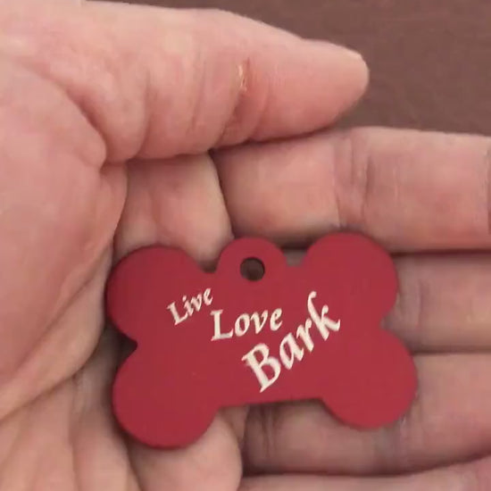 Live Love Bark, Large Red Bone, Personalized Aluminum Tag, Diamond Engraved, Dog Tag, Puppy Tag, For Puppy Collar, For Dog Collar