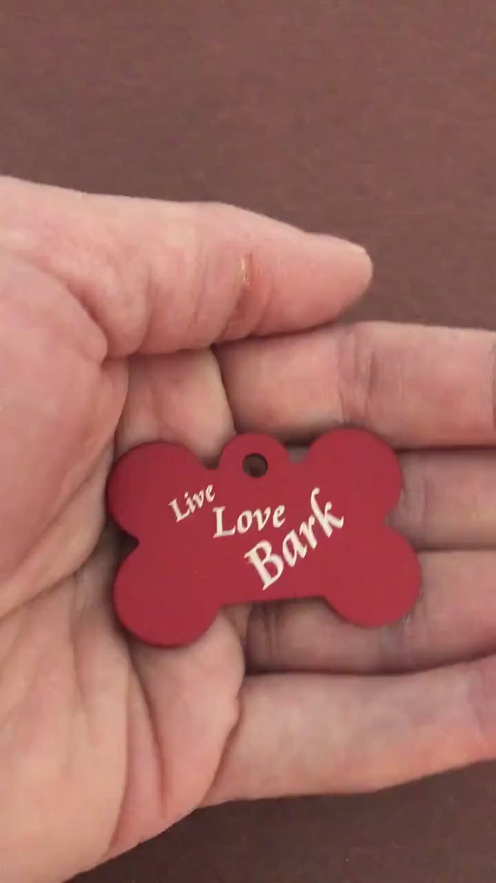 Live Love Bark, Large Red Bone, Personalized Aluminum Tag, Diamond Engraved, Dog Tag, Puppy Tag, For Puppy Collar, For Dog Collar